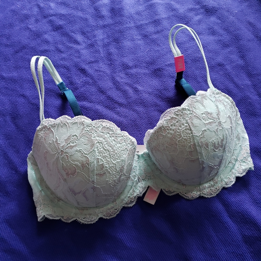 32C NWT Victoria's Secret Pink Light Blue Metallic Foil Lace Date Push Up Bra